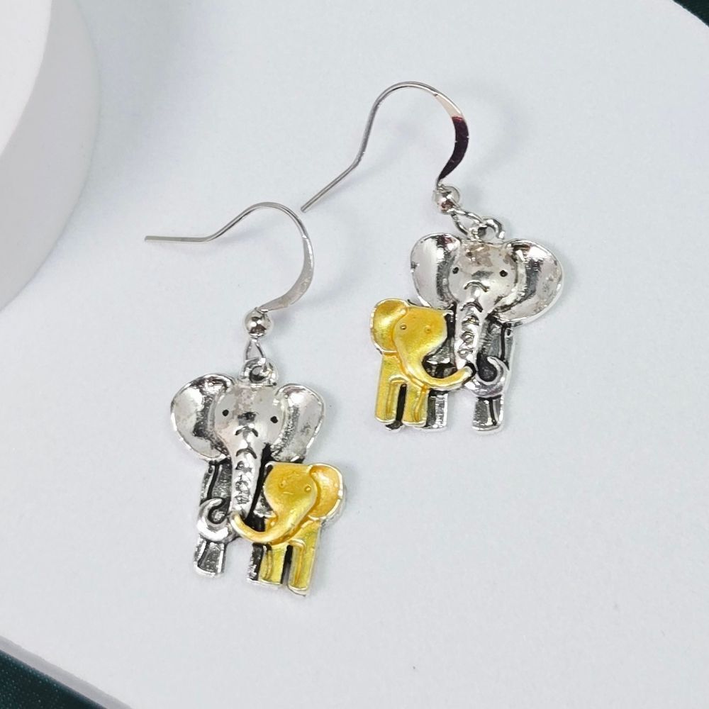 Two-Tone Elephant Mom & Baby Dangle Earrings 🐘 Silver & Gold Boho Artisan Chic